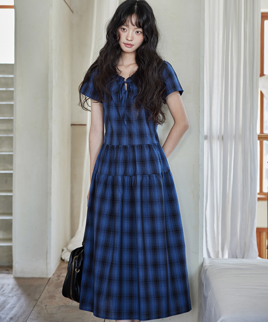 チェック柄ギャザーフリルネックティアードワンピース