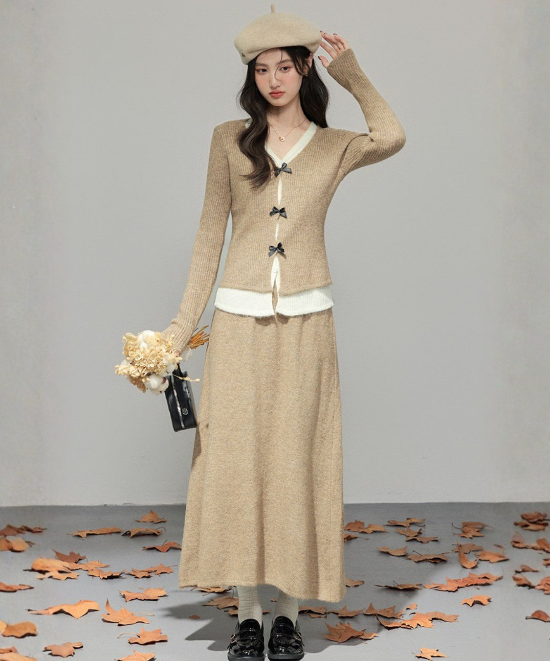 フロントリボンリブカーデ＋ロングニットスカート 2点セット