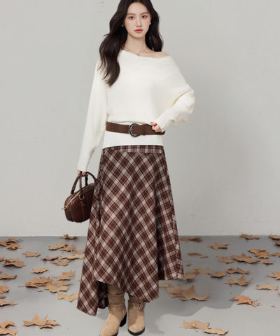 オフショルダーニット＋チェックアシンメトリースカート 2点セット