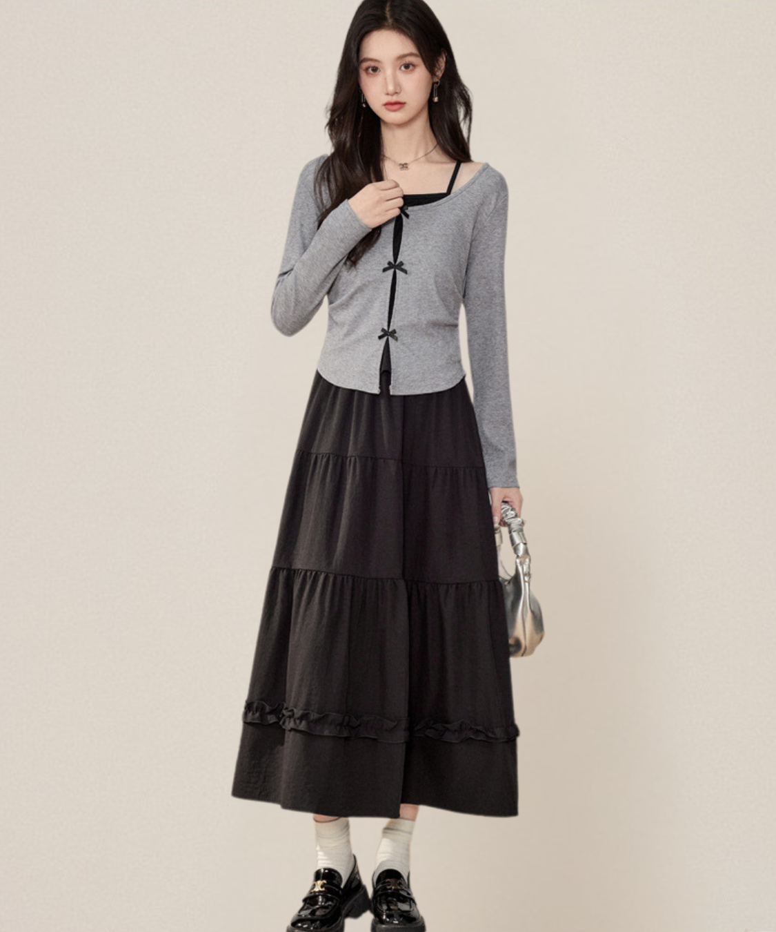 リボンフェイクレイヤードトップス＋ティアードフリルスカート 2点セット