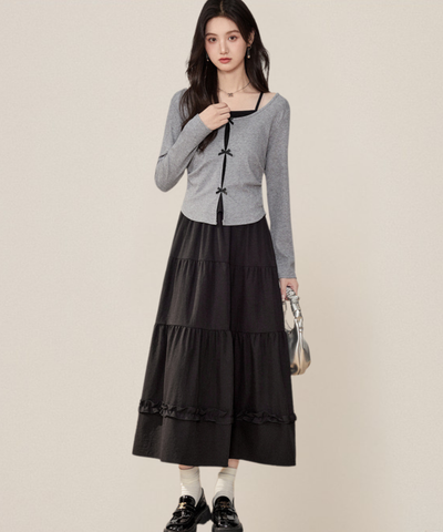 リボンフェイクレイヤードトップス＋ティアードフリルスカート 2点セット