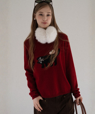 クルーネック黒猫デザインニット