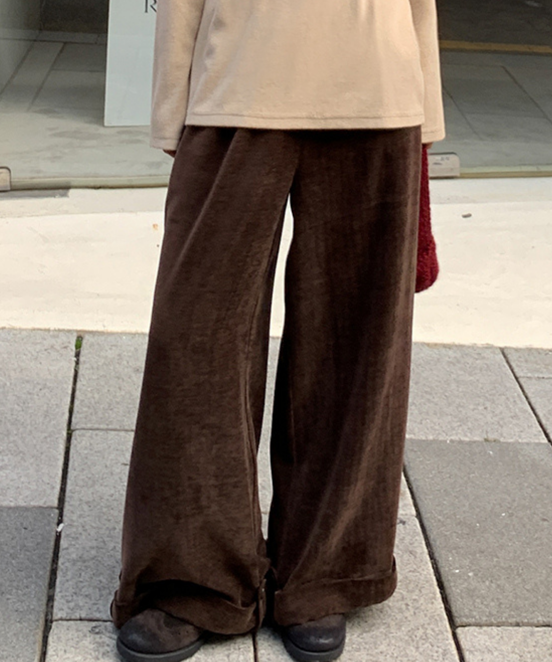 ベロア調裾ダブルワイドパンツ
