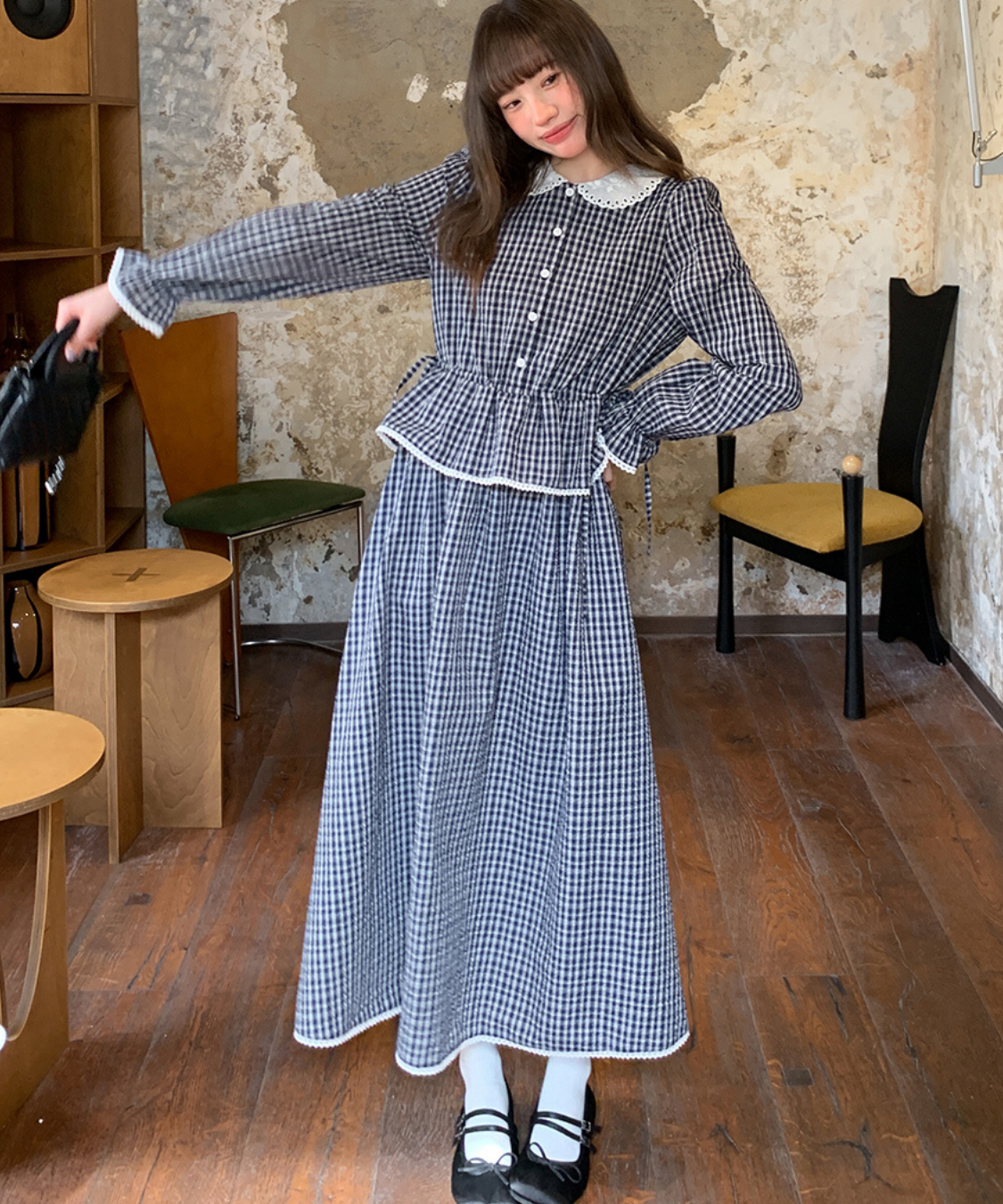 ラウンドカラーペプラム風ギンガムワンピース