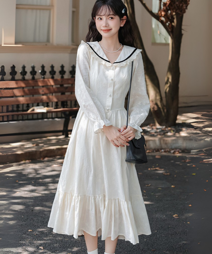 フリル付き配色ラインセーラーカラーワンピース – jemiremi（ジェミレミ）