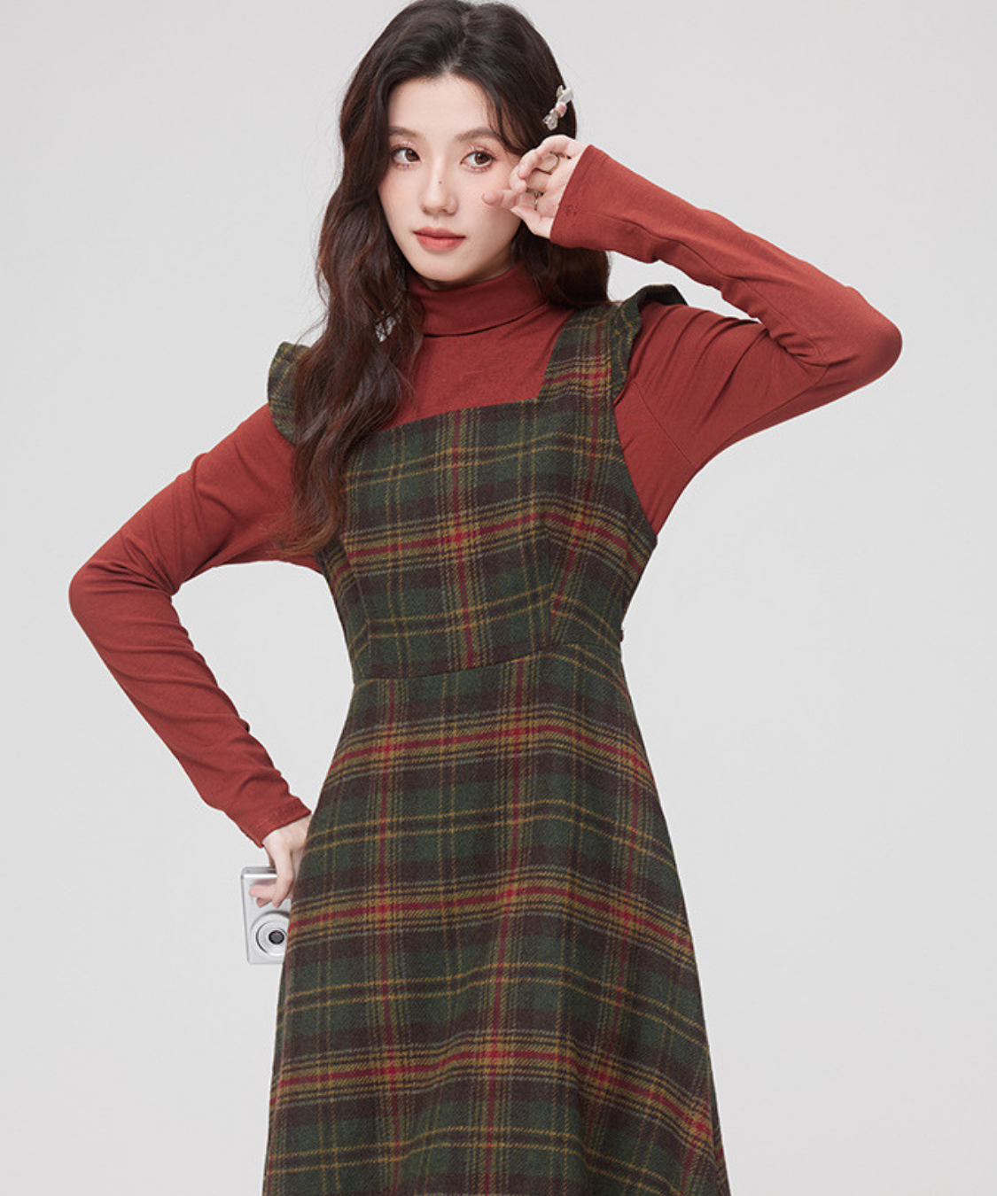 スクエアネック肩フリルチェック柄ワンピース