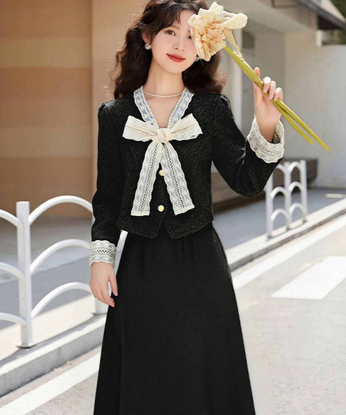 リボンタイレーストリムジャケット＋スカート 2点セット