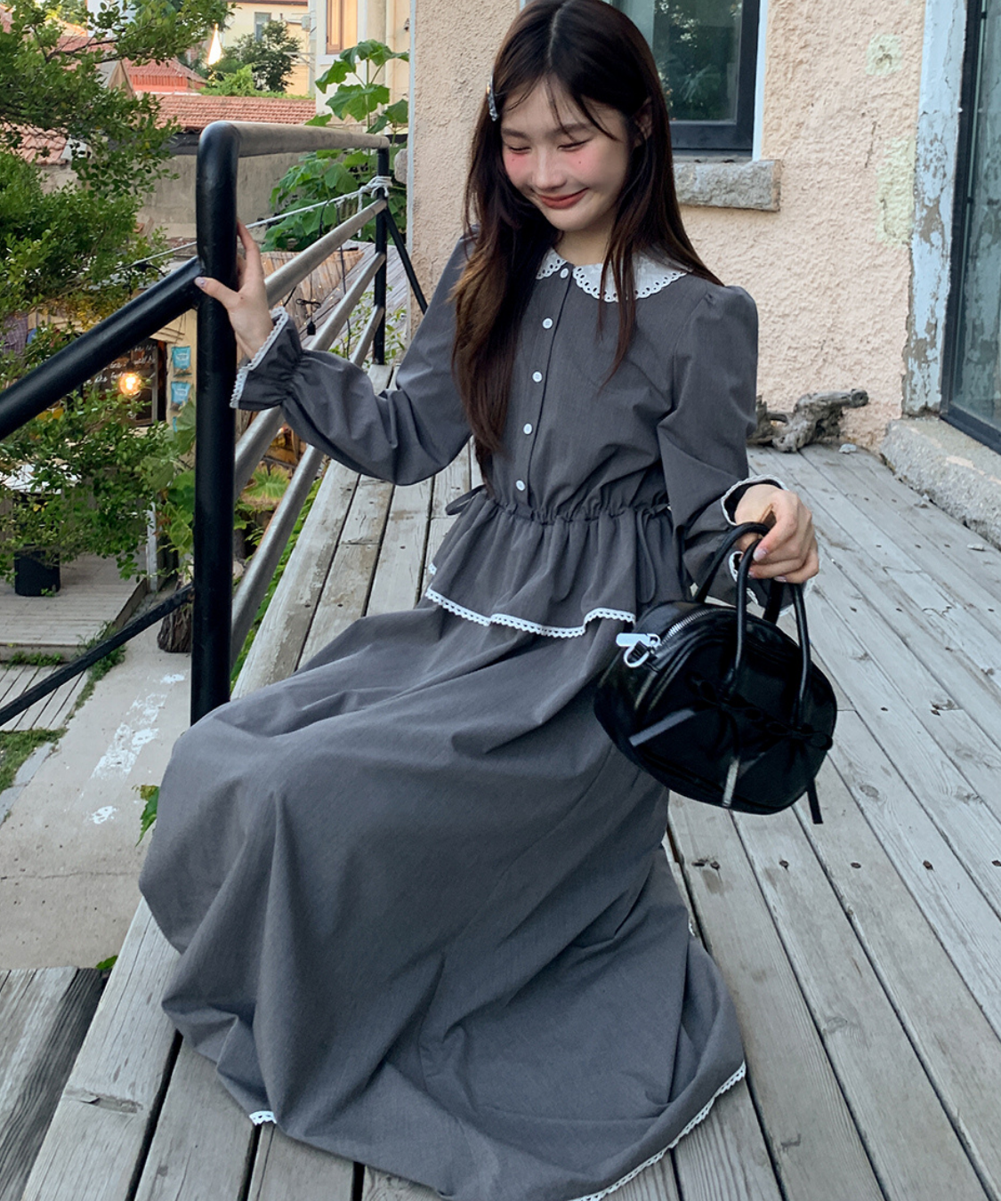 ラウンドカラーペプラム風ギンガムワンピース