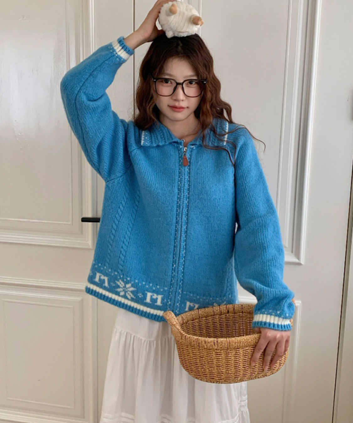 ノルディック調配色ラインジップアップニットカーディガン