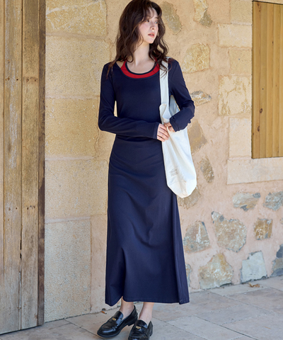 配色フェイクレイヤードネックリボン付きワンピース