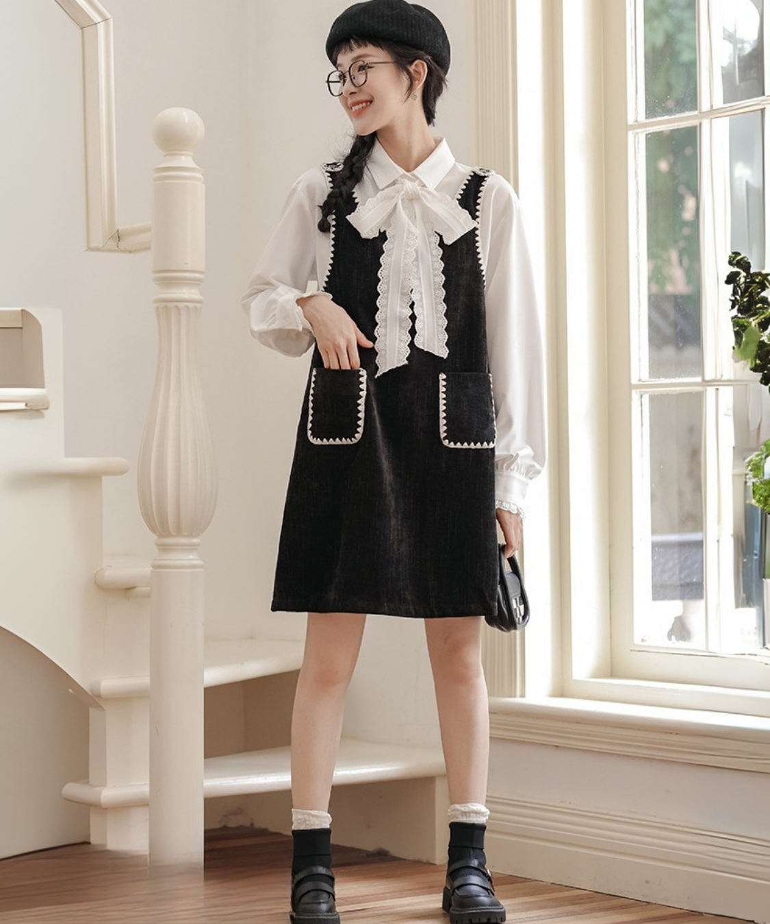 配色ステッチコーデュロイジャンパースカート