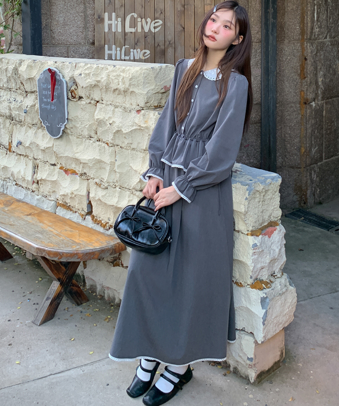 ラウンドカラーペプラム風ギンガムワンピース