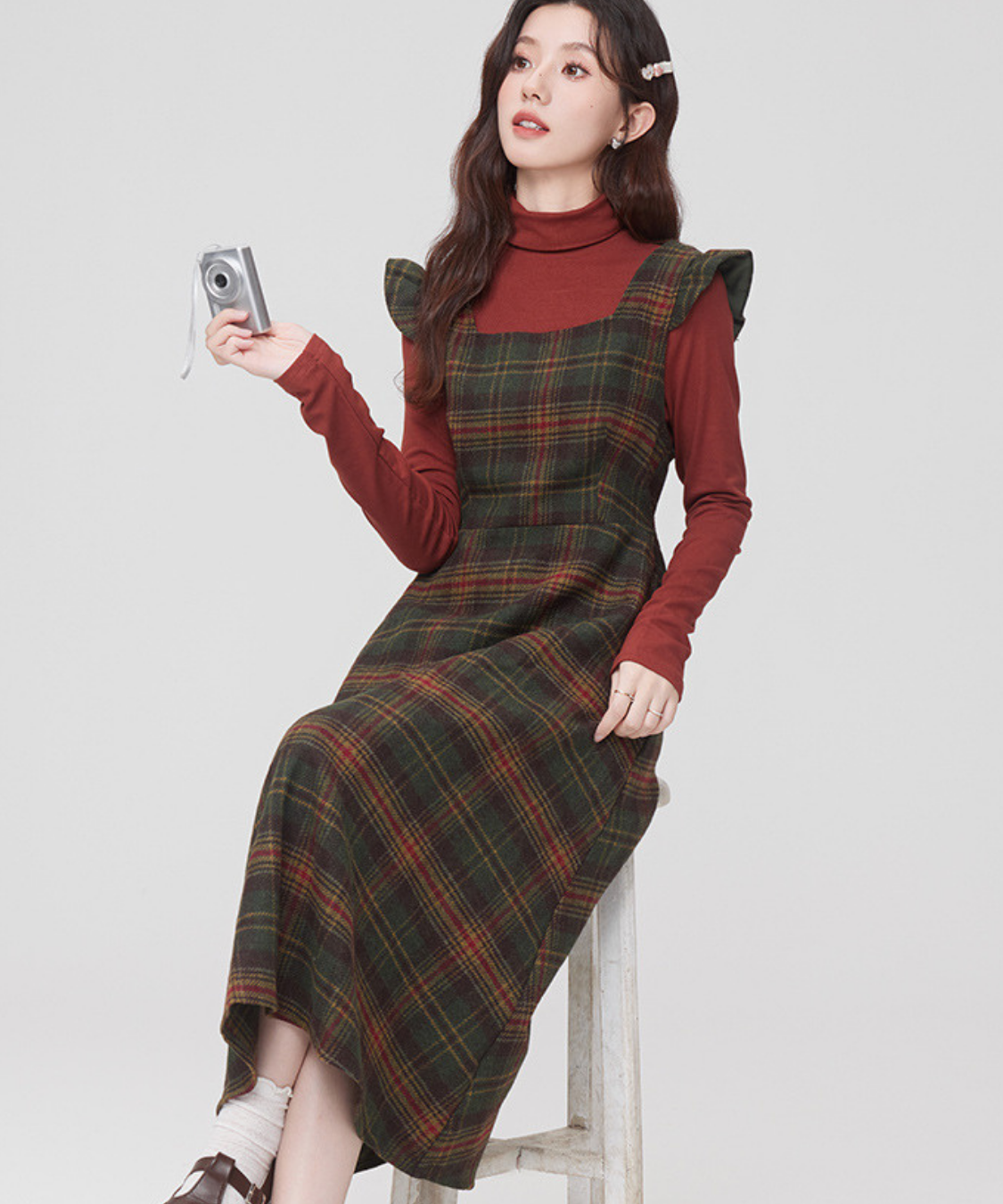 スクエアネック肩フリルチェック柄ワンピース