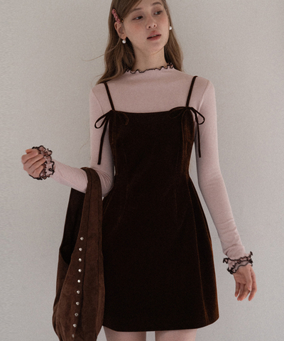 リボンストラップベロアキャミワンピース