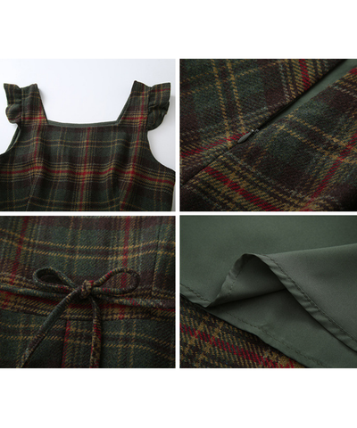 スクエアネック肩フリルチェック柄ワンピース