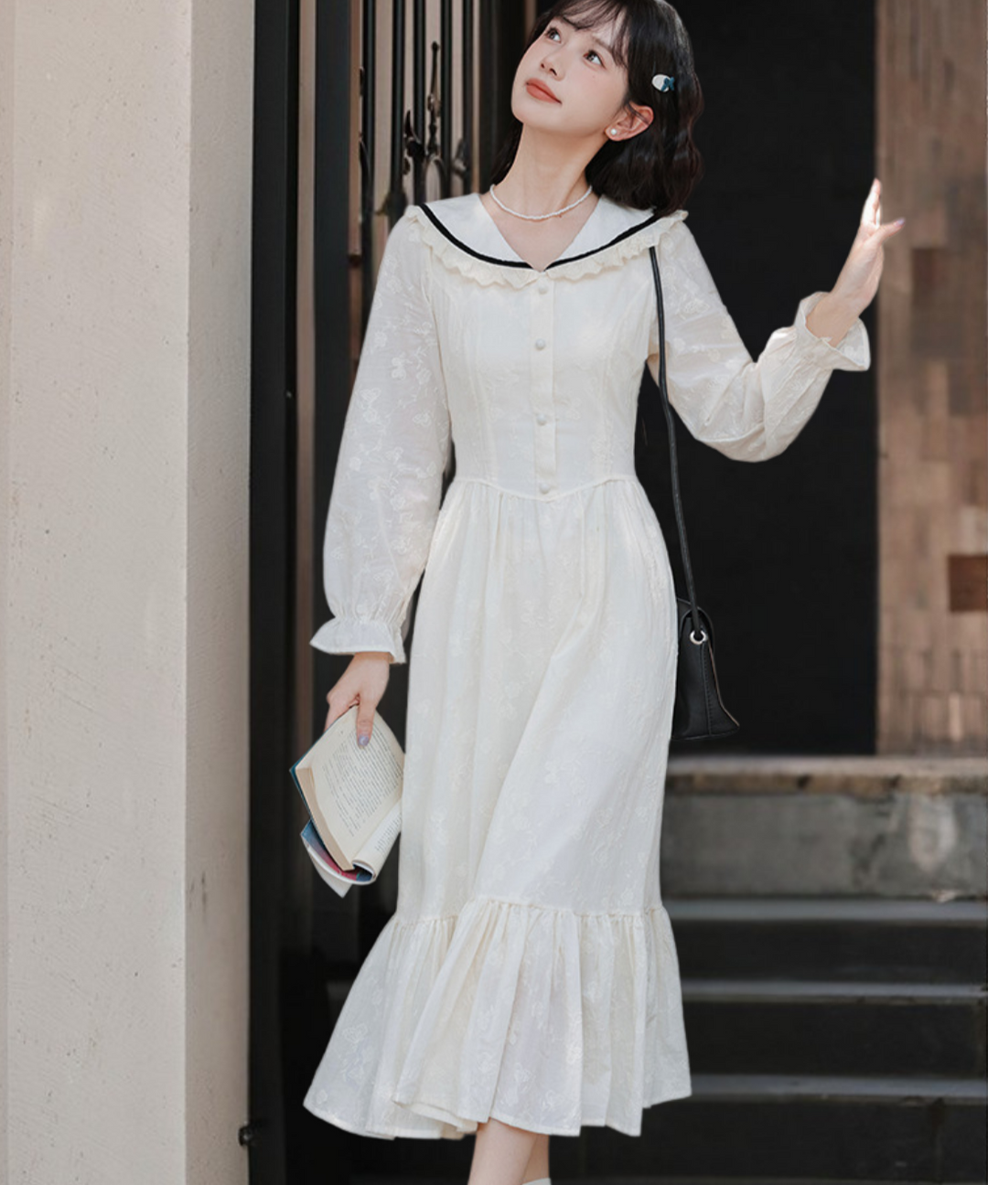 フリル付き配色ラインセーラーカラーワンピース – jemiremi（ジェミレミ）