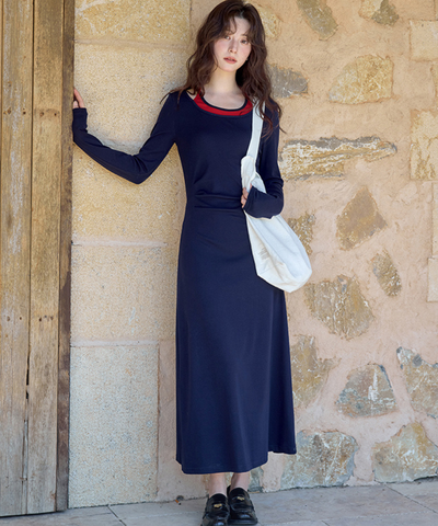 配色フェイクレイヤードネックリボン付きワンピース