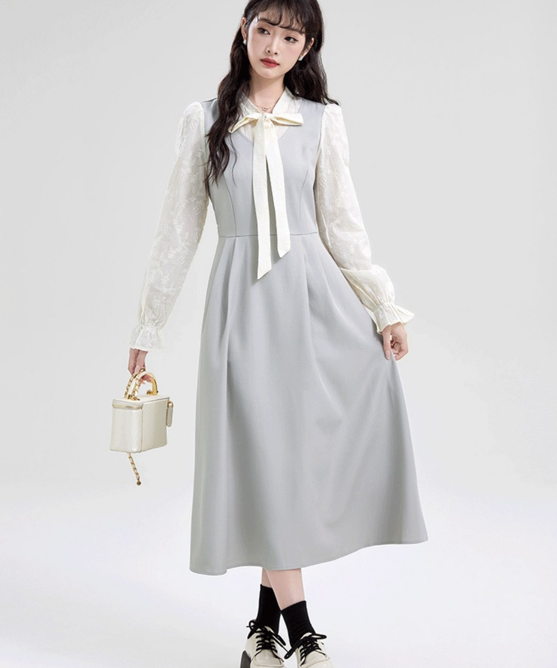 ボウタイレーススリーブ切替フェイクレイヤードワンピース