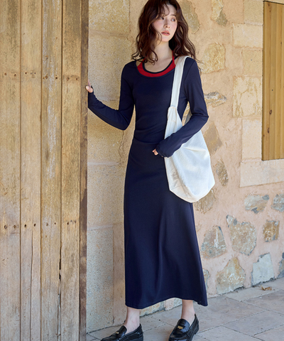 配色フェイクレイヤードネックリボン付きワンピース