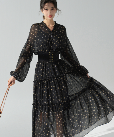 小花柄シアーVネックフリルティアードワンピース