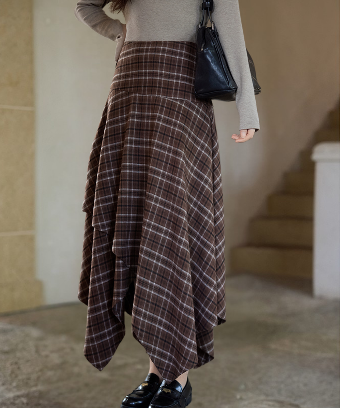 チェック柄イレヘムロングスカート