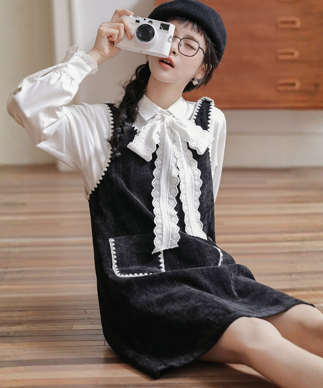 配色ステッチコーデュロイジャンパースカート