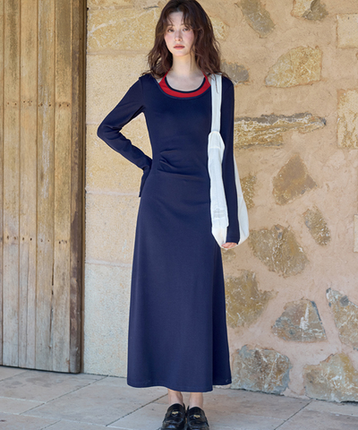 配色フェイクレイヤードネックリボン付きワンピース