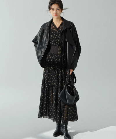 小花柄シアーVネックフリルティアードワンピース