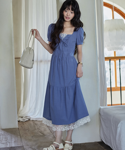 レースレイヤード風フロントリボンティアードワンピース