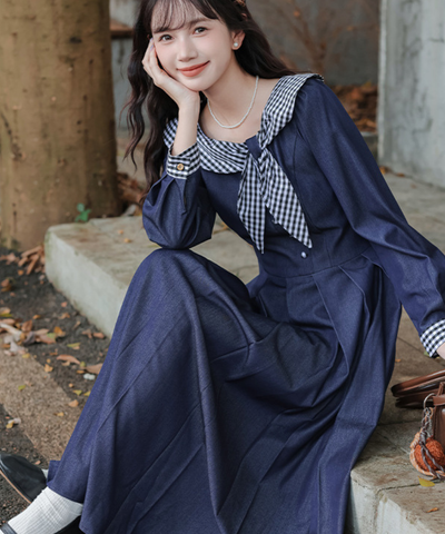 ギンガムチェック襟ボックスプリーツワンピース