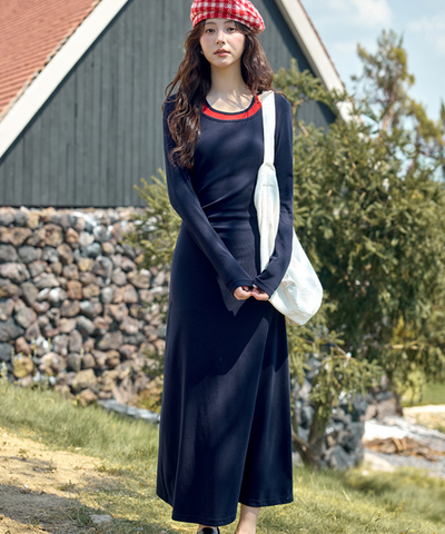 配色フェイクレイヤードネックリボン付きワンピース