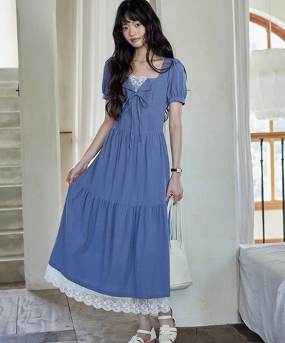 レースレイヤード風フロントリボンティアードワンピース