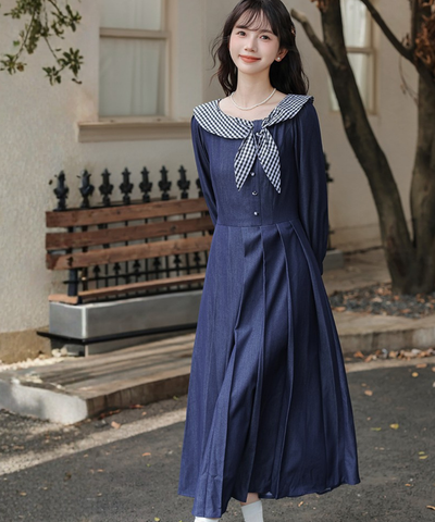 ギンガムチェック襟ボックスプリーツワンピース