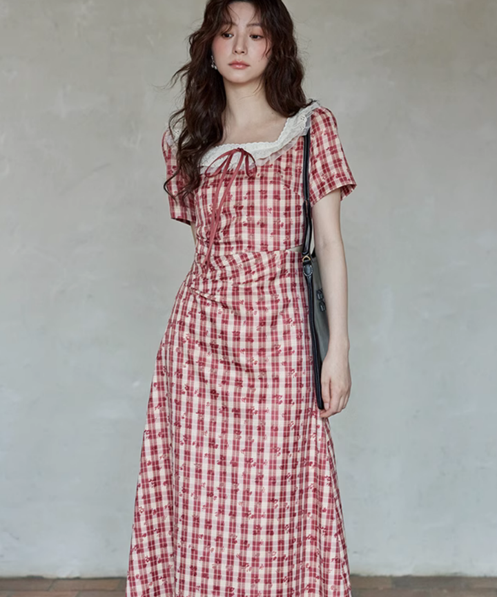 レースフリル襟チェック花柄ワンピース – jemiremi（ジェミレミ）