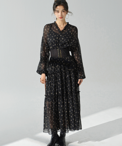 小花柄シアーVネックフリルティアードワンピース