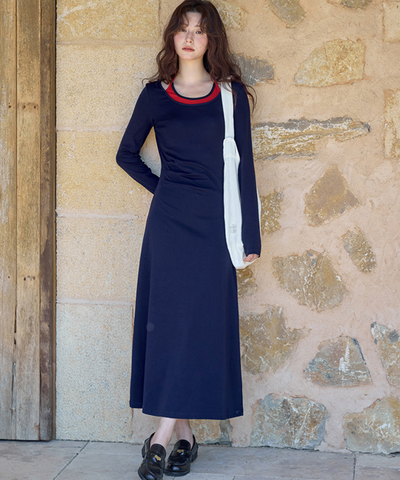 配色フェイクレイヤードネックリボン付きワンピース