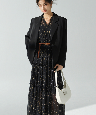 小花柄シアーVネックフリルティアードワンピース