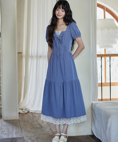 レースレイヤード風フロントリボンティアードワンピース