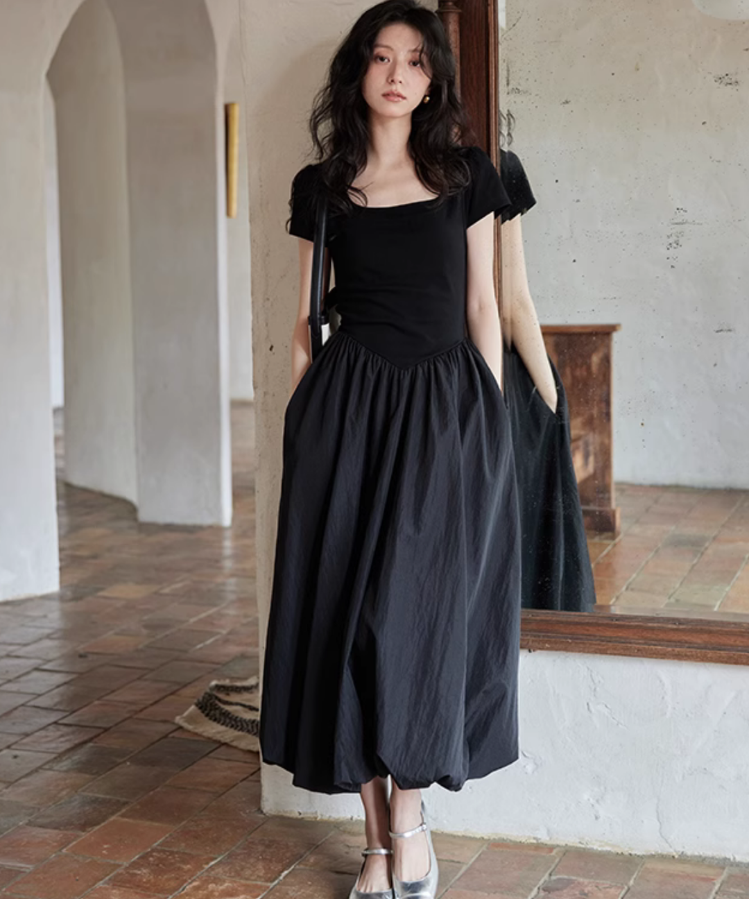 異素材切り替えバルーンスカートワンピース – jemiremi（ジェミレミ）