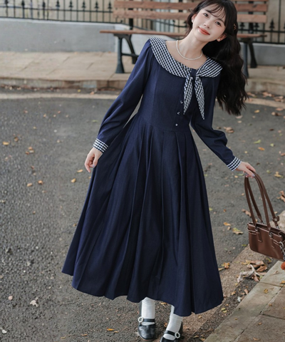 ギンガムチェック襟ボックスプリーツワンピース