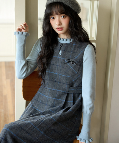 ウエスト切替チェックリボンワンピース