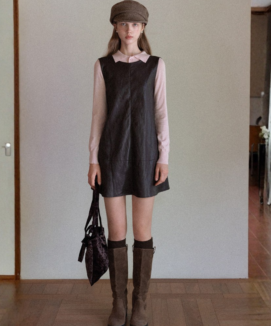 フェイクレザーバックリボンAラインジャンパースカート