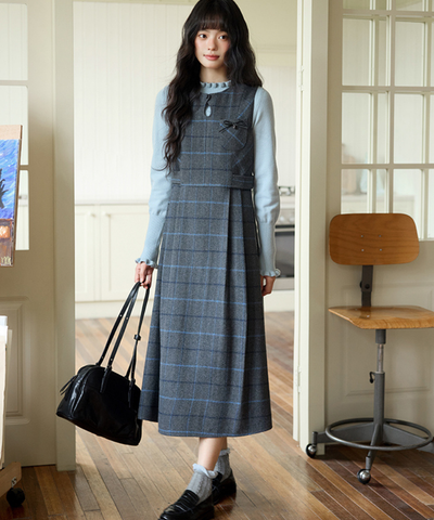 ウエスト切替チェックリボンワンピース