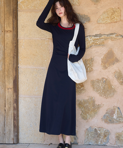 配色フェイクレイヤードネックリボン付きワンピース