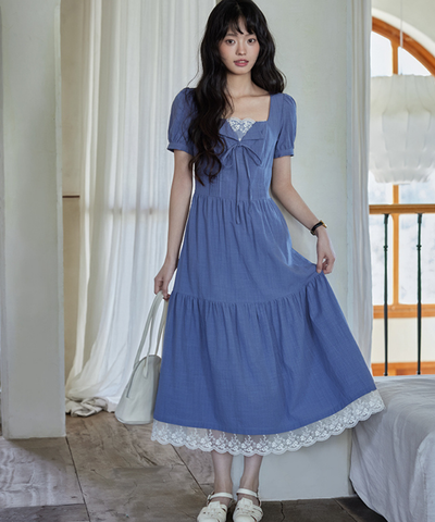 レースレイヤード風フロントリボンティアードワンピース