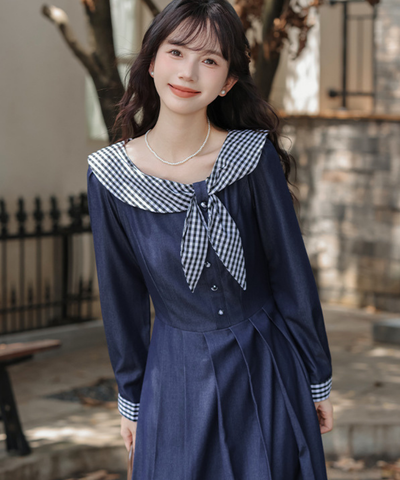 ギンガムチェック襟ボックスプリーツワンピース