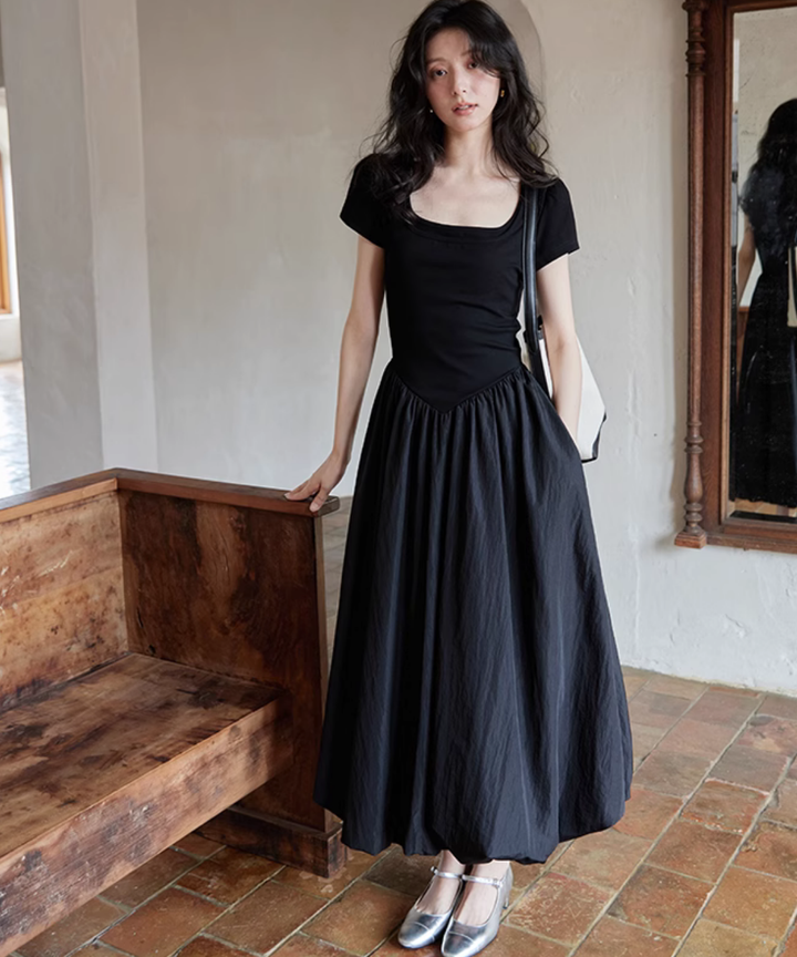 異素材切り替えバルーンスカートワンピース – jemiremi（ジェミレミ）