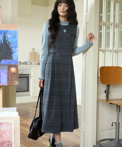 ウエスト切替チェックリボンワンピース