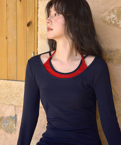 配色フェイクレイヤードネックリボン付きワンピース