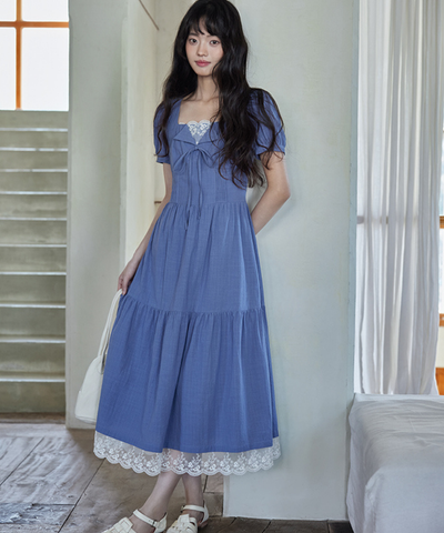 レースレイヤード風フロントリボンティアードワンピース